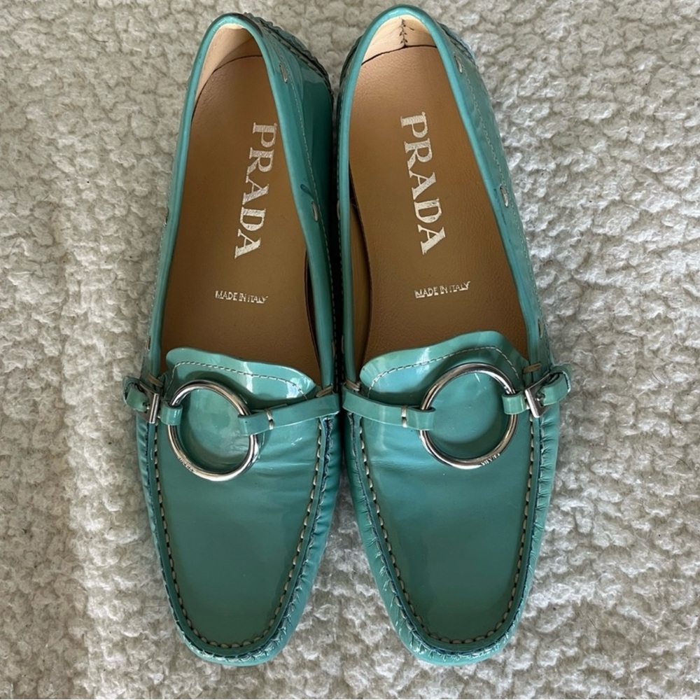 Prada Seafoam Patent Leather Driving Loafer Size 6